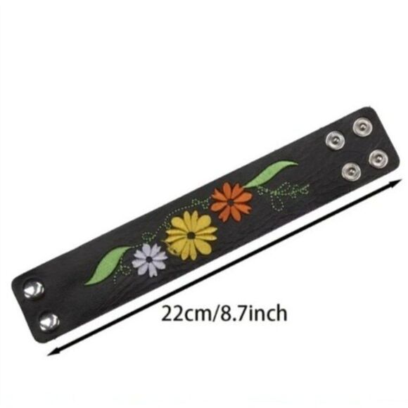 New! Brown Daisy Floral Embroidered Leather Bracelet, Adjustable and so cute! - Picture 2 of 2